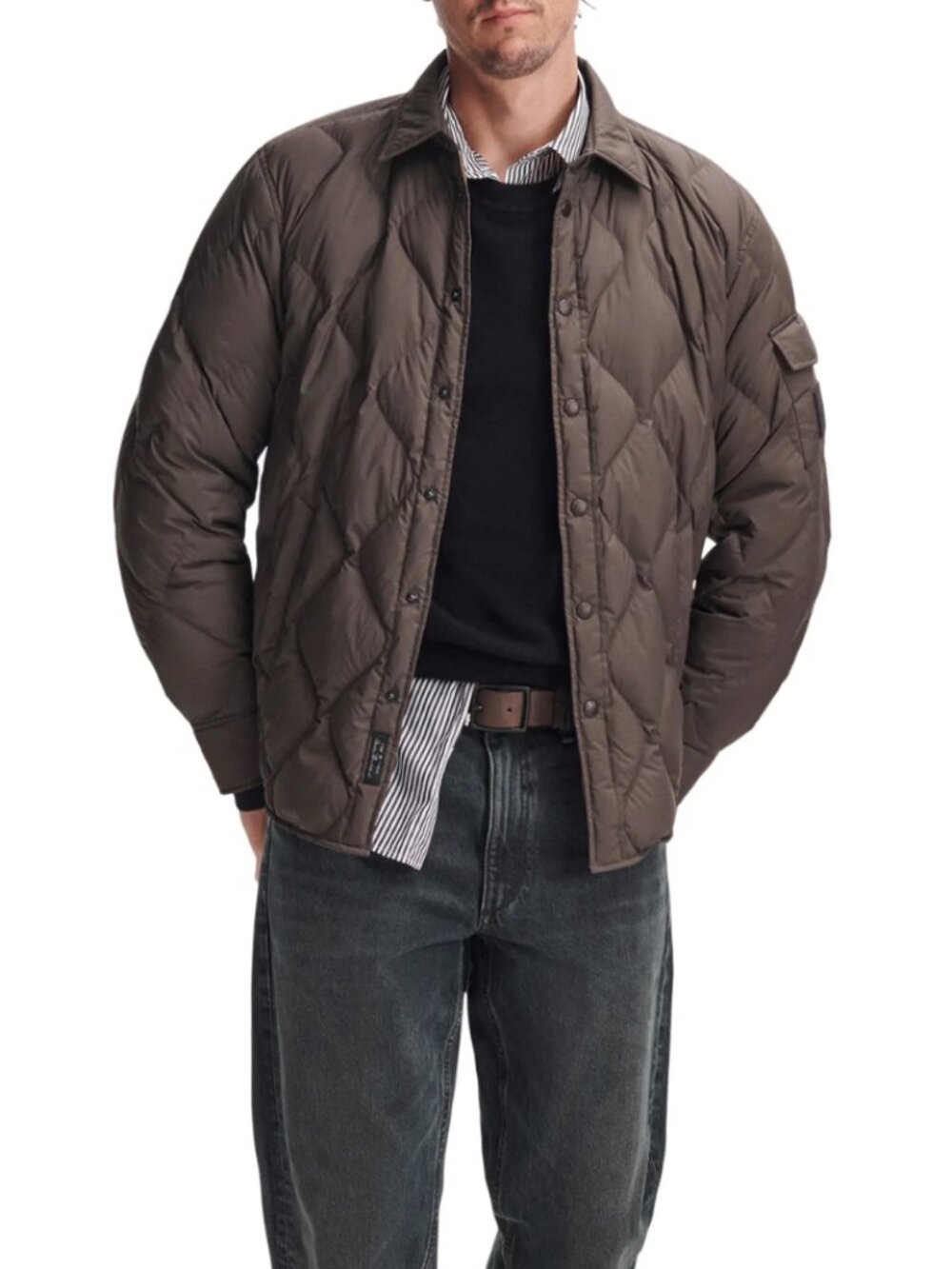 rag & bone Quilted Shirt Jacket Stonewall Taupe Brown Snap Front Shacket Mens